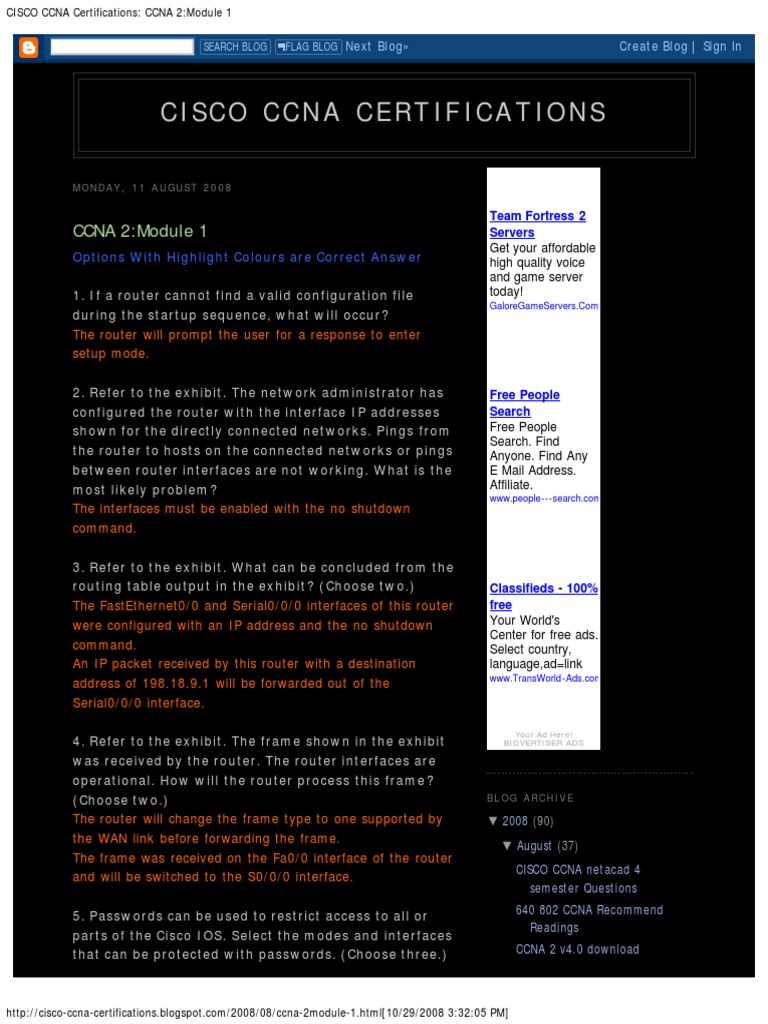 CISCO CCNA Certifications - CCNA 2 - Module 1 | PDF