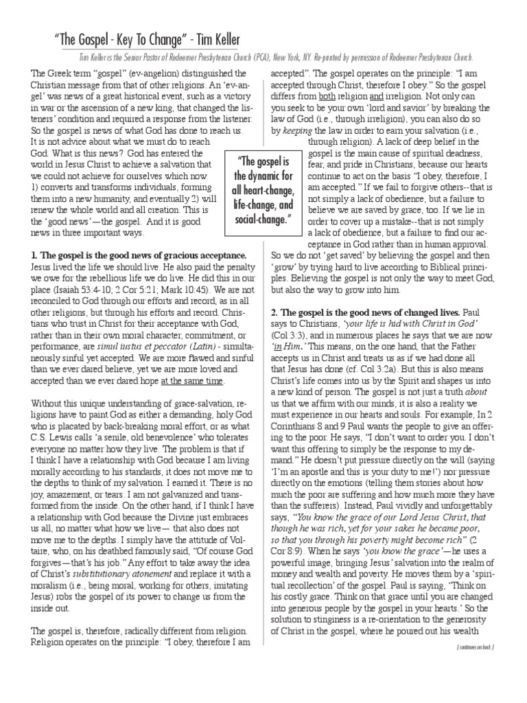 The Gospel Is The Key To Change by Tim Keller PDF Tim Keller (Pastor) The Gospel