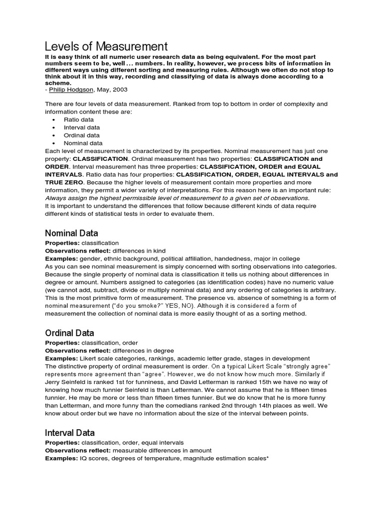 Levels of Measurement Nominal Data PDF Level Of Measurement