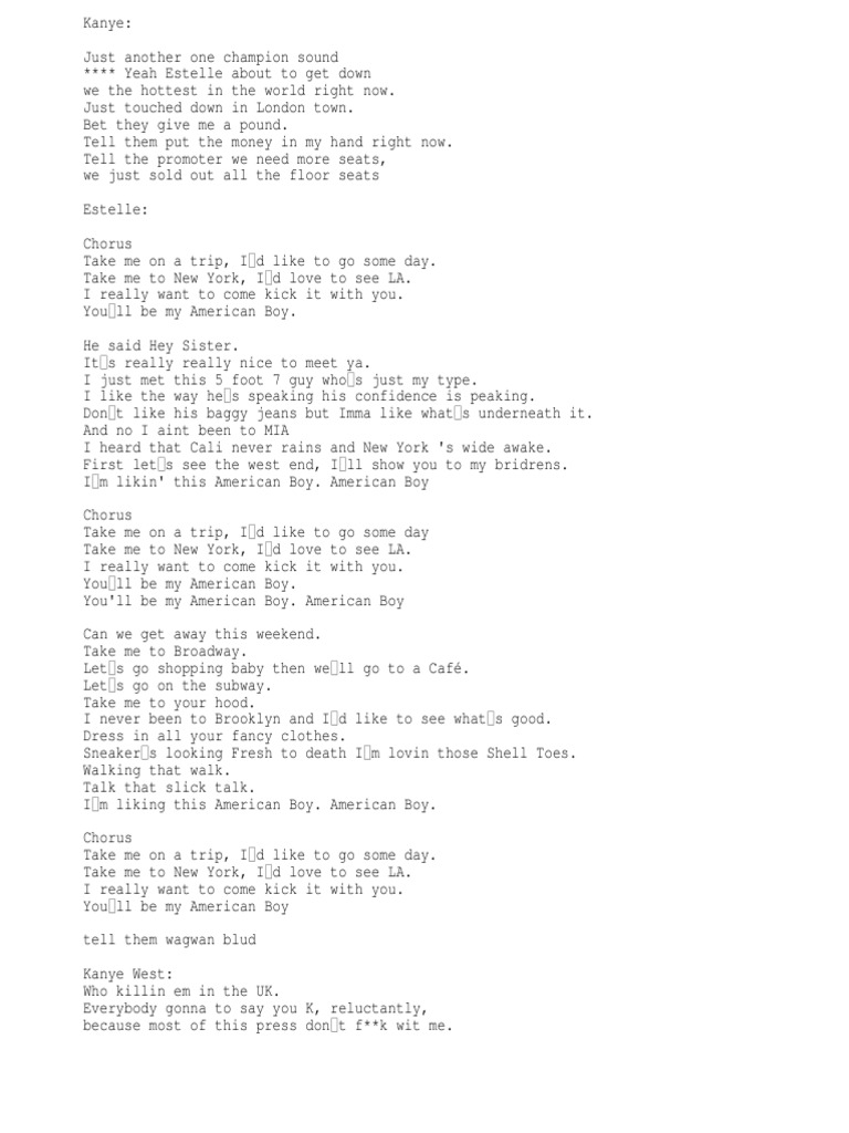 Estelle Lyrics - American Boy (Feat. Kanye West) | PDF | Recorded Music ...