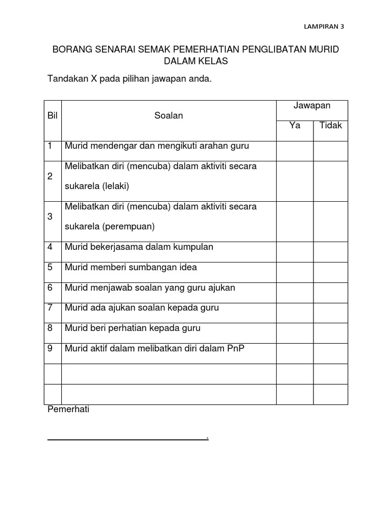 Borang Senarai Semak Pemerhatian Penglibatan Murid Dalam Kelas Pdf