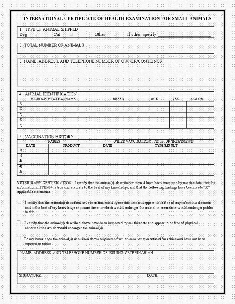 International Health Certificate For US Imports / Bringing Pets To 