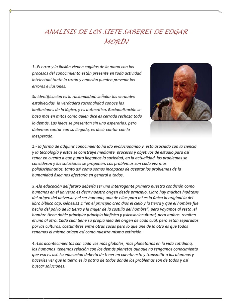 Analisis de Los Siete Saberes de Edgar Morín PDF Homo Sapiens Conocimiento