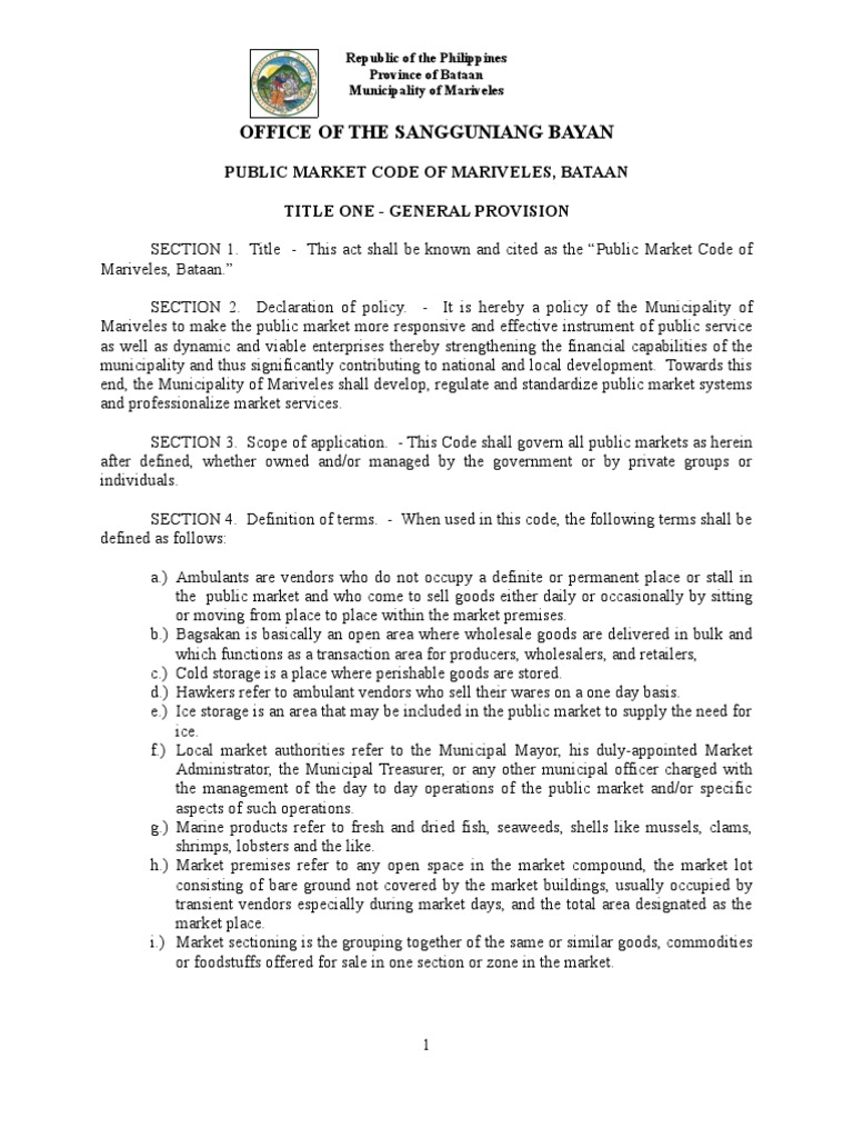 Public Market Code of Mariveles | PDF | Sanitation | Lease