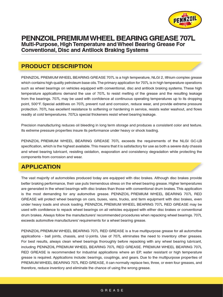 Pennzoil 707L High Temp Wheel Bearing Grease | PDF | Bearing ...