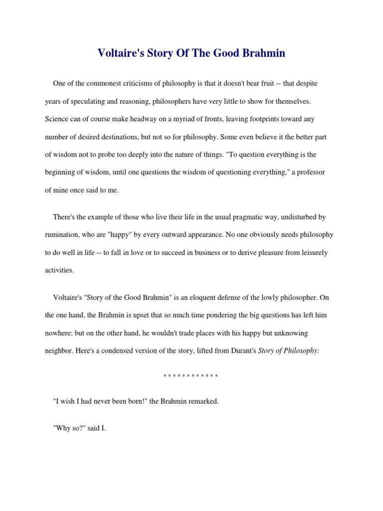 Voltaire's Story of The Good Brahmin PDF Psychological Attitude