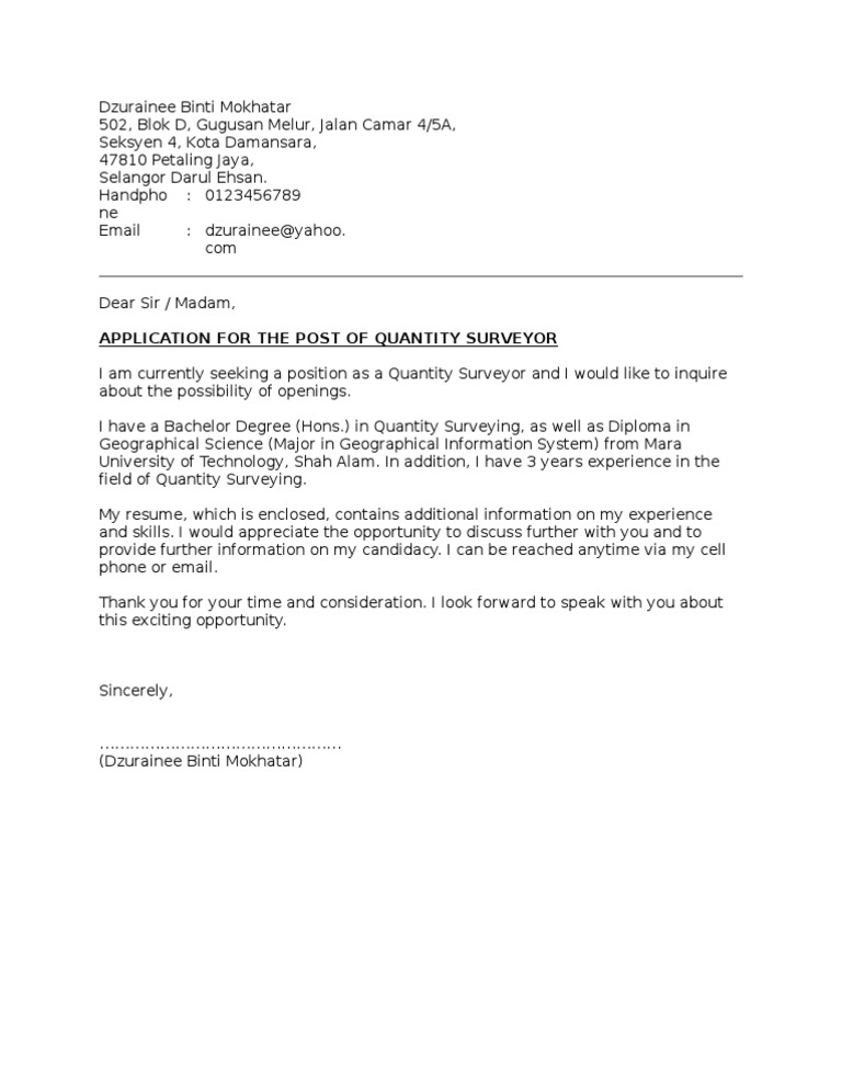 Cover Letter For The Application For The Post Of Quantity Surveyor