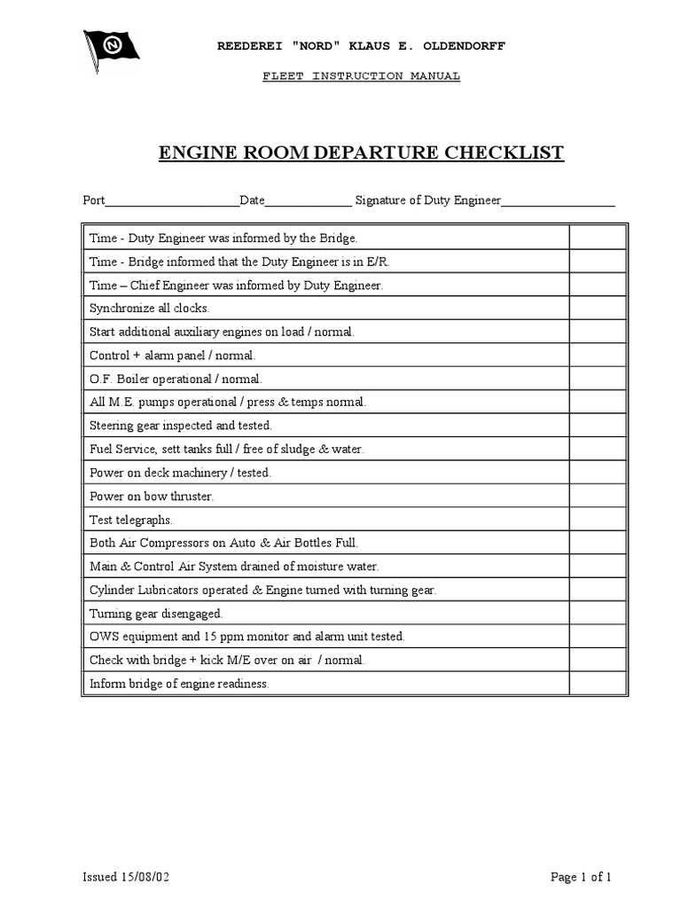 Engine Room Departure Checklist PDF