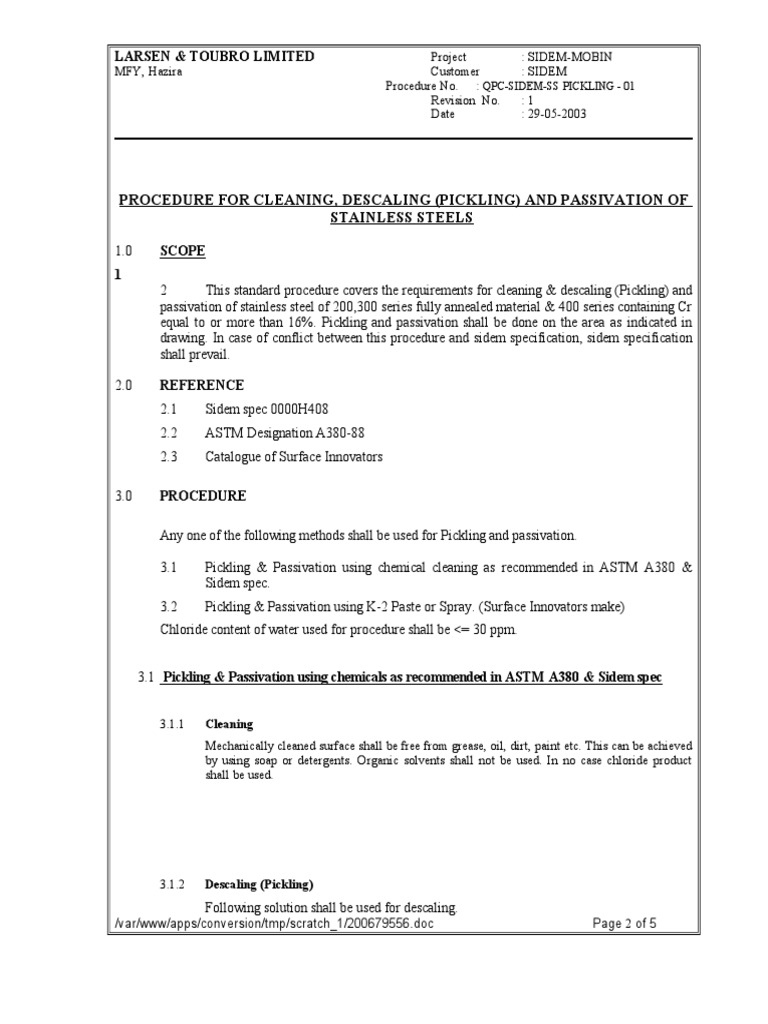 Procedure for Cleaning, Descaling (Pickling) and Passivation of