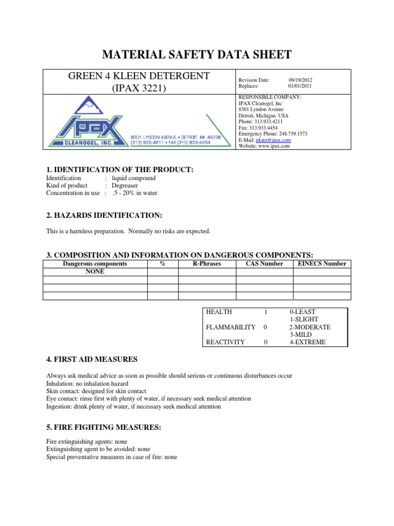 MSDS Green 4 Kleen Detergent 3221 Safety Chemistry Free 30day