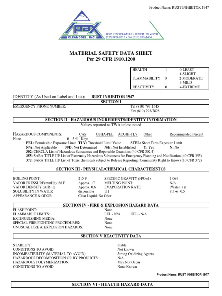 Material safety data sheet per 29 cfr 1910 1200 identity as used on