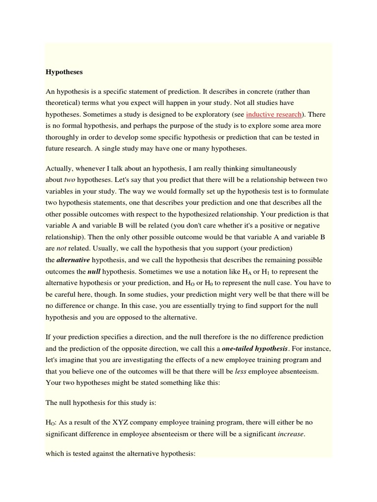 Hypotheses | PDF | Hypothesis | Null Hypothesis