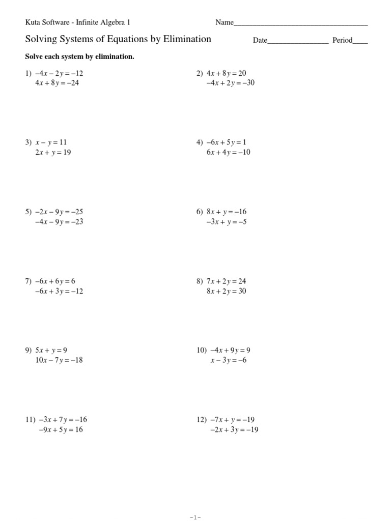 Worksheets Solving Systems Of Equations By Elimination Worksheet systems of equations elimination kuta software