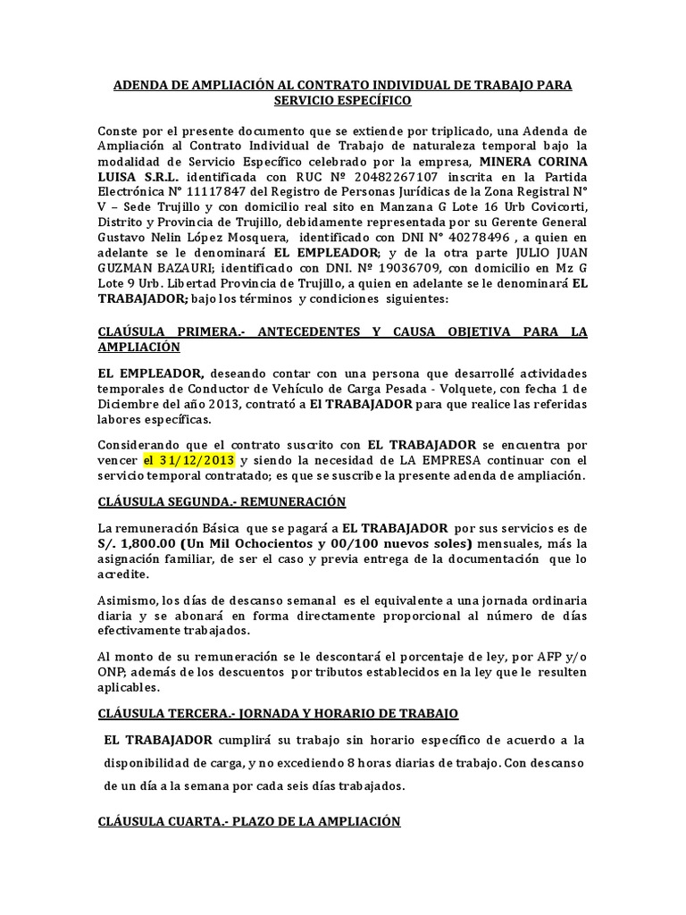 Adenda de Ampliacion - Contrato Servicio Especifico SR Julio Guzman | PDF |  Salario | Gobierno