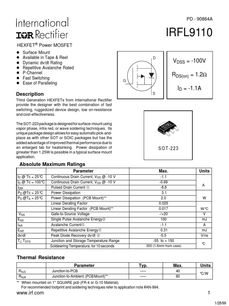IRFL9110 | PDF | Printed Circuit Board | Field Effect Transistor