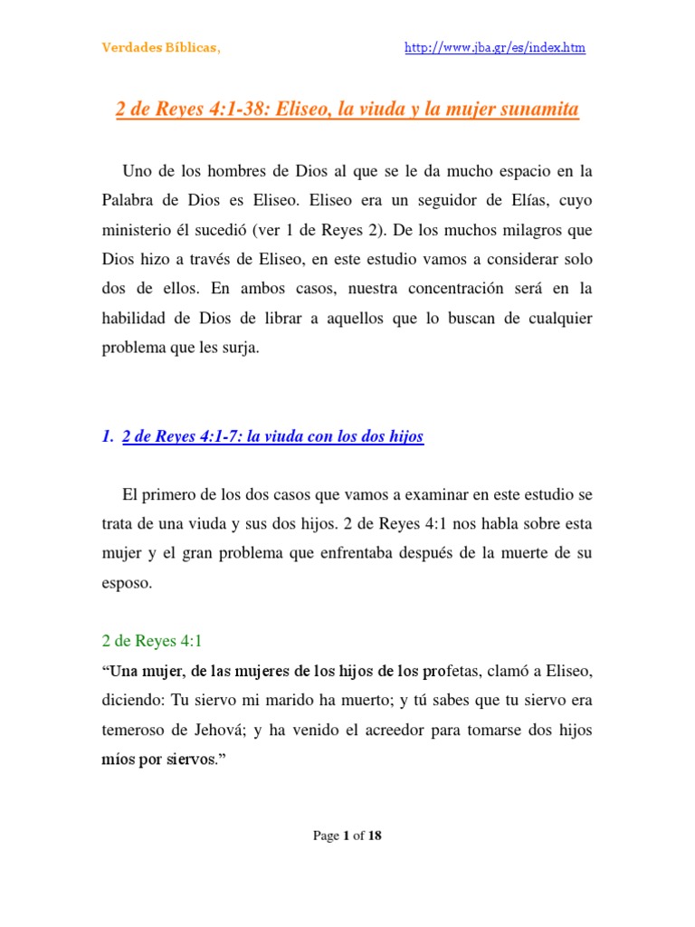 2 de Reyes 4:1-38: Eliseo, La Viuda y La Mujer Sunamita | PDF | Diablo ...