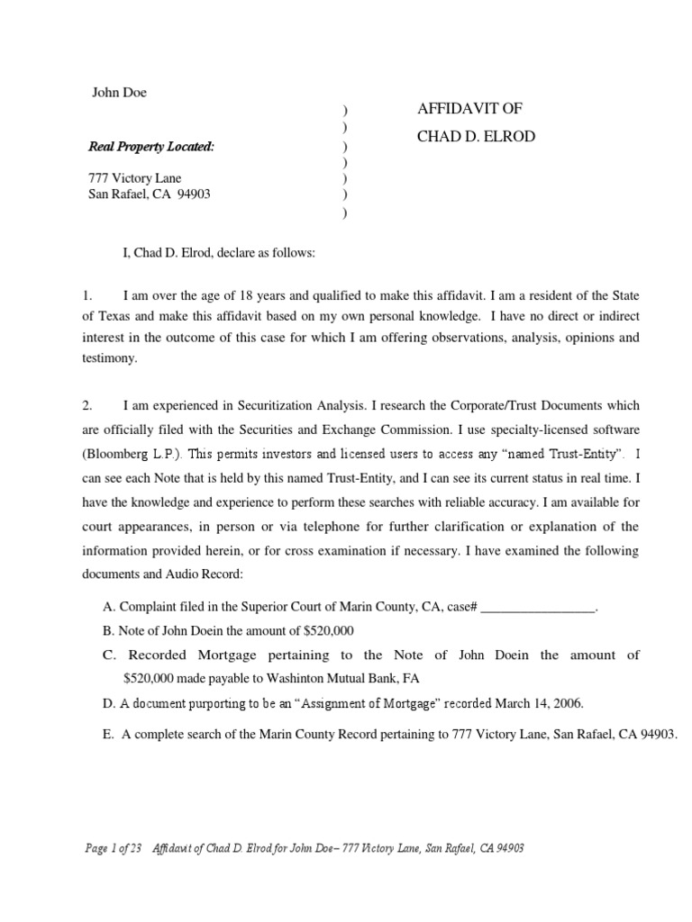 Expert Witness Affidavit By Attorney Sample Security Interest Mortgage Law