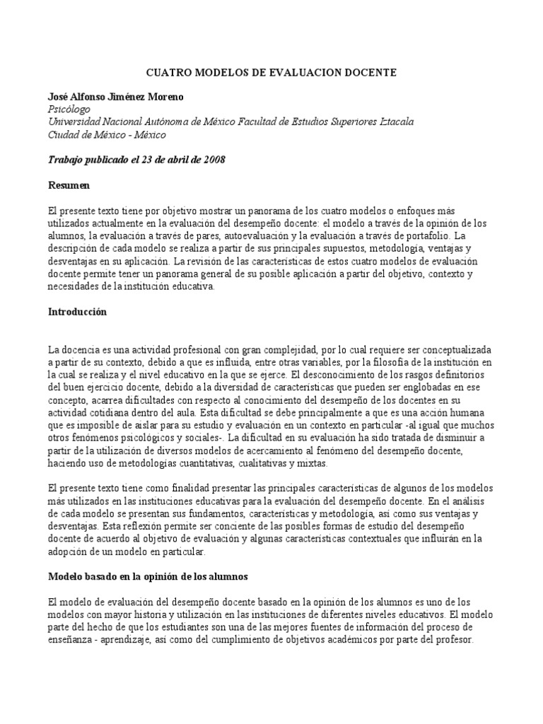 Cuatro Modelos de Evaluacion Docente | PDF | Evaluación | Salón de clases