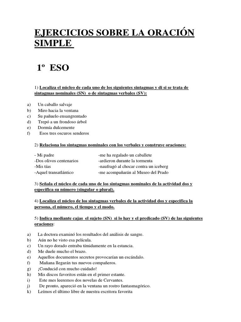 Ejercicios de Oraciones Simples | PDF | Oración (Lingüística) | Asunto ...