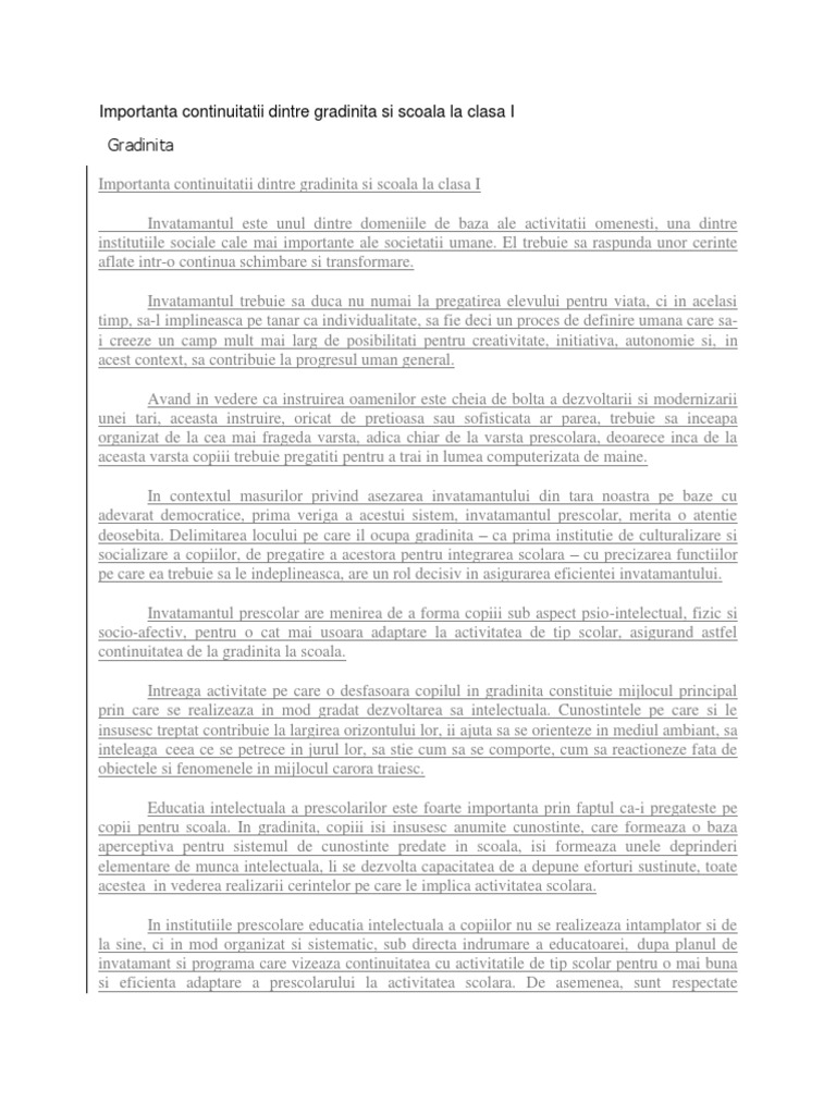 Importanta Continuitatii Dintre Gradinita Si Scoala La Clasa I