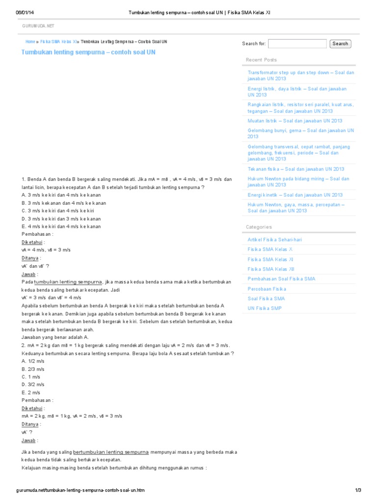 Tumbukan lenting sempurna contoh soal UN _ Fisika SMA