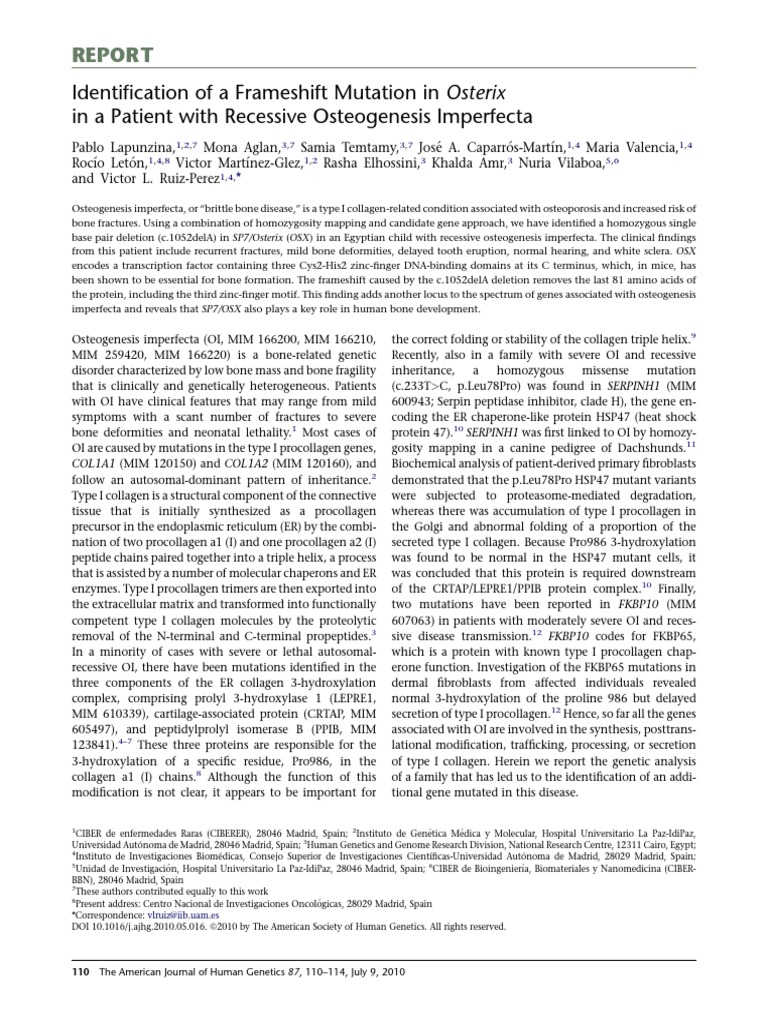 Identification of A Frameshift Mutation in Osterix in A Patient With
