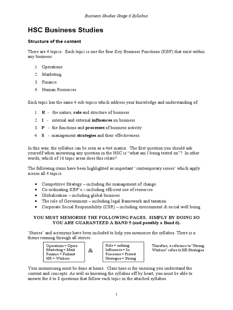 HSC Business Studies Syllabus Overview | PDF | Business Economics ...