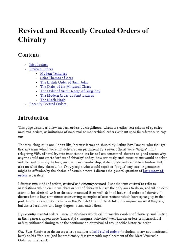 Modern and Revived Chivalric Orders | PDF | Knight | Knights Templar