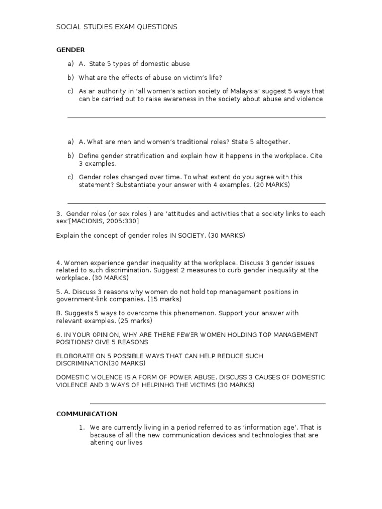 Social Studies Exam Questions Gender PDF Sports