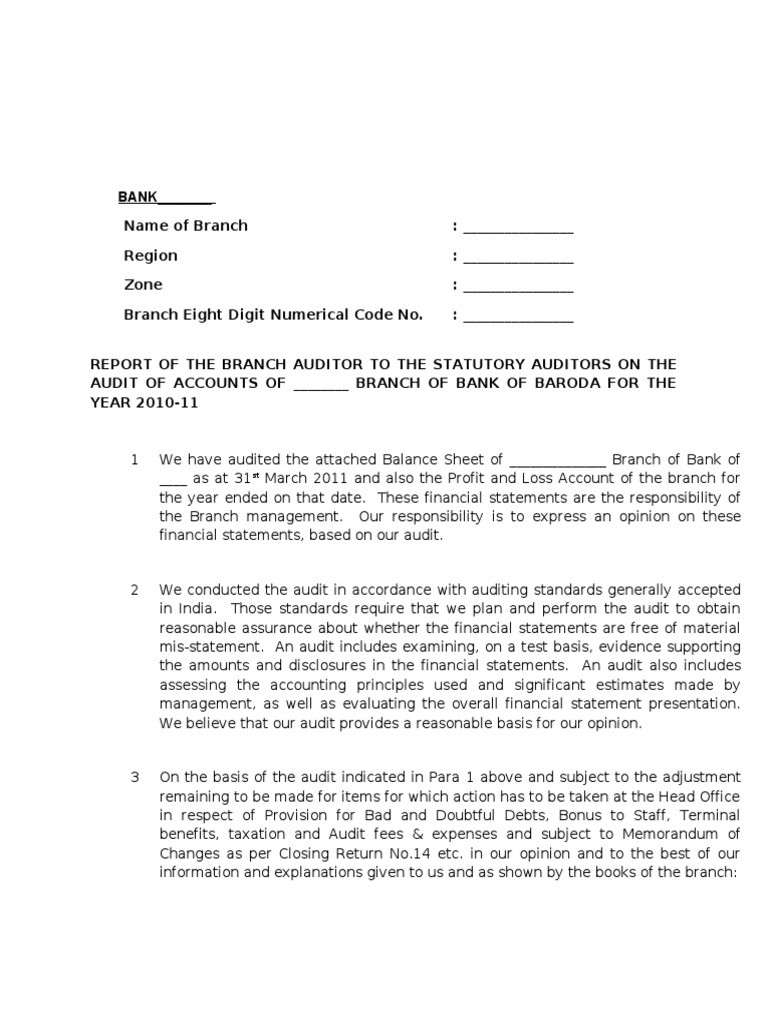 8 Draft Statutory Bank Branch Audit Report | PDF | Auditor's Report | Audit