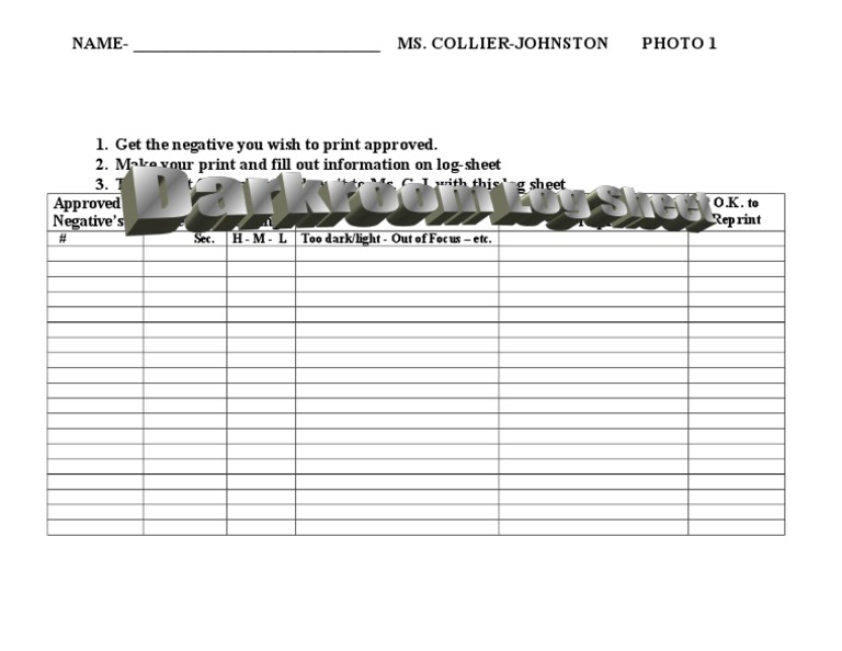 Darkroom Log Sheet
