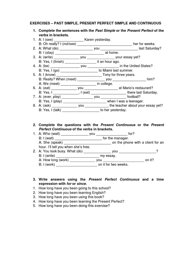Exercises past simple present perfect continuous perfect grammar 