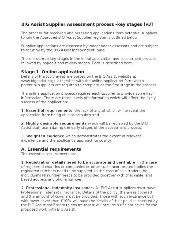 BIG Assist Supplier Application Criteria v3 PDF Insurance Business