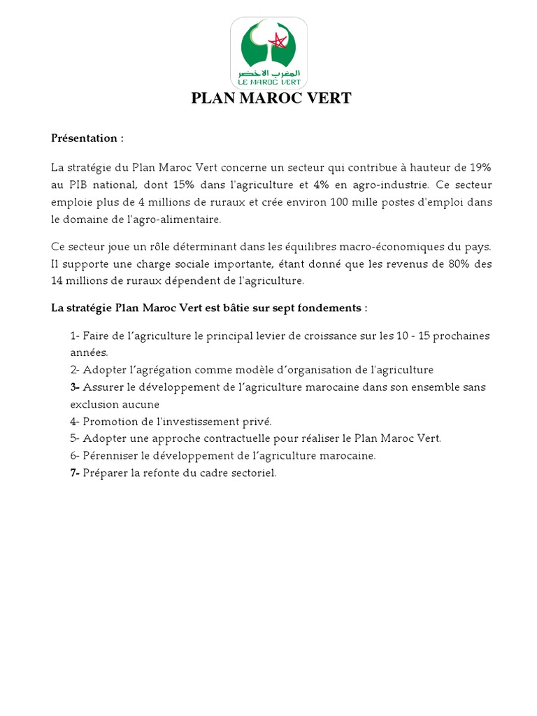 Plan Maroc Vert | PDF | Maroc | Gestion des ressources naturelles