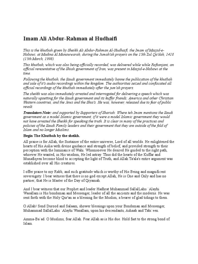 Khutbah By Imam Ali Abdur Rahman Al Hudhaifi Kafir Prophets And Messengers In Islam