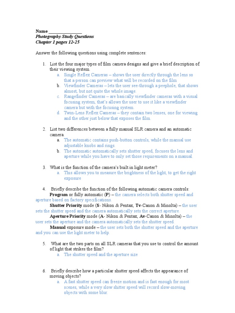 Photography Study Questions Chapter 1 pages 1225 Shutter Speed Camera