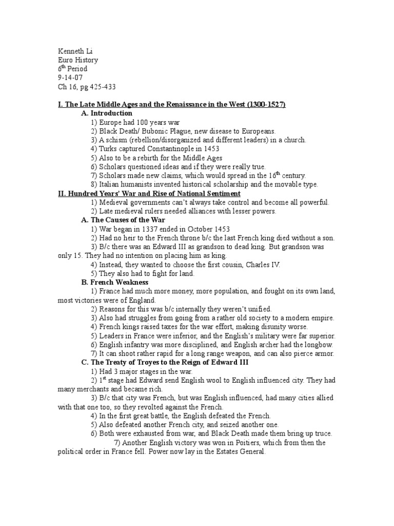 Kenneth's CH 16 Outline PT 1 | PDF | Pope | Middle Ages