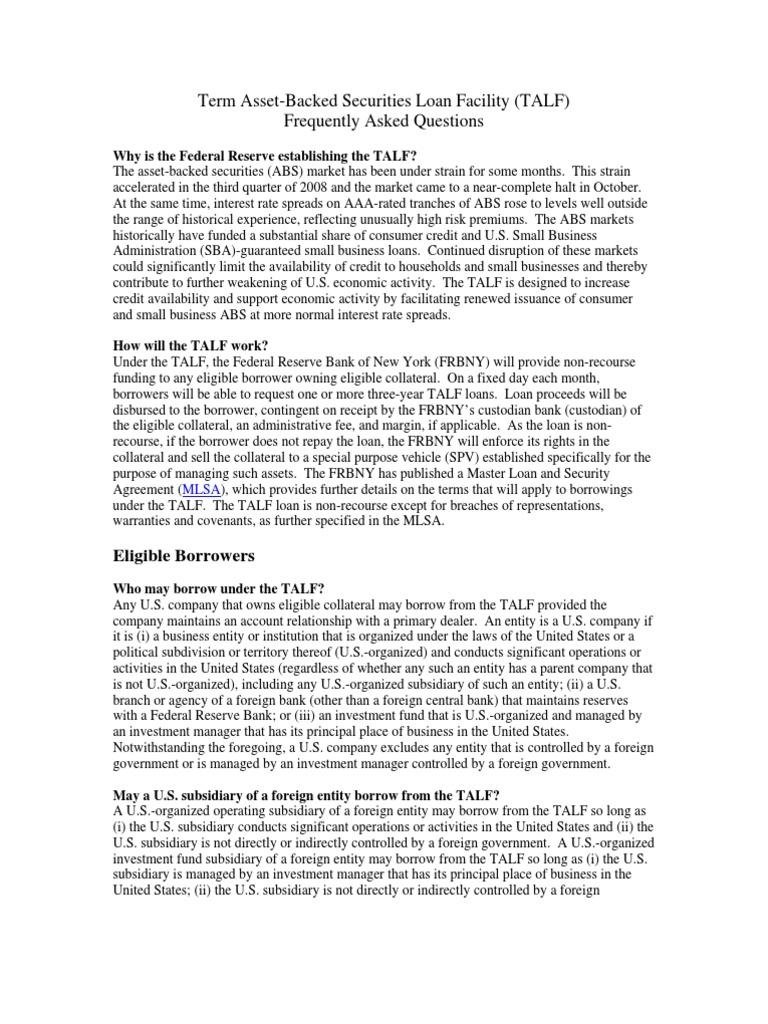 Term AssetBacked Securities Loan Facility (TALF) Frequently Asked