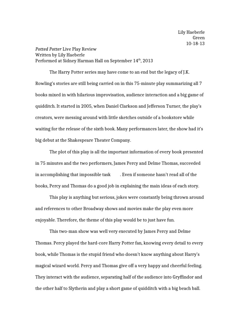 Potted Potter Play Review PDF Harry Potter Contemporary Fantasy