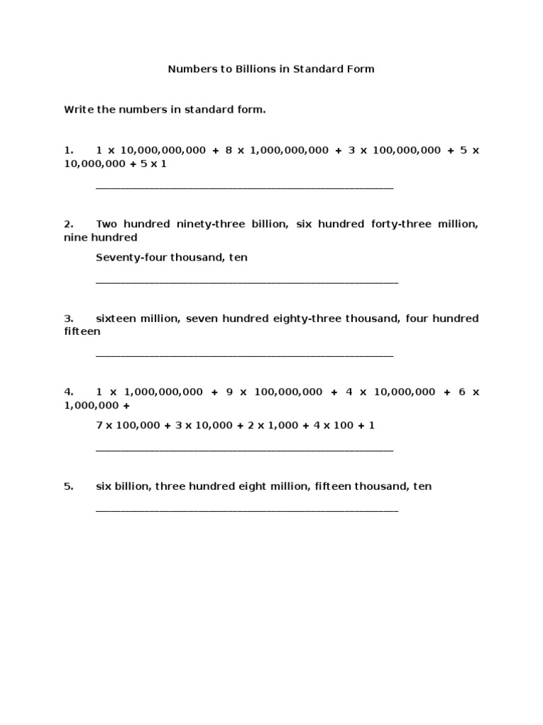 Numbers To Billions In Standard Form