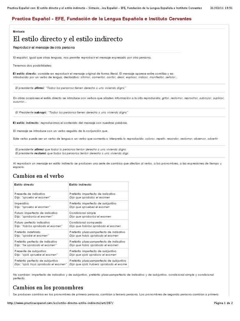 Practica Español Con: El Estilo Directo y El Estilo Indirecto ...