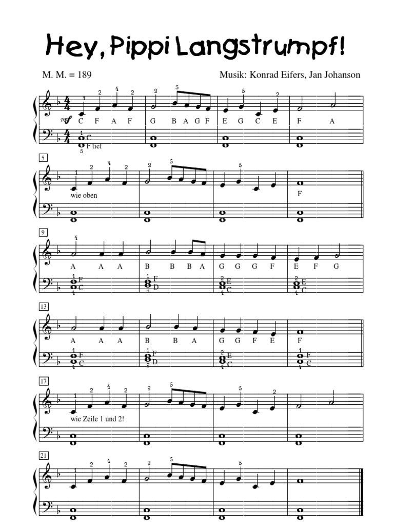 Hey, Pippi Langstrumpf! (Eifers, Johanson, Lindgreen) leichtes Arrangement für Klavier