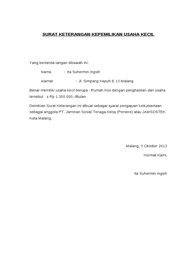 Surat Keterangan Kepemilikan Usaha Kecil Pdf