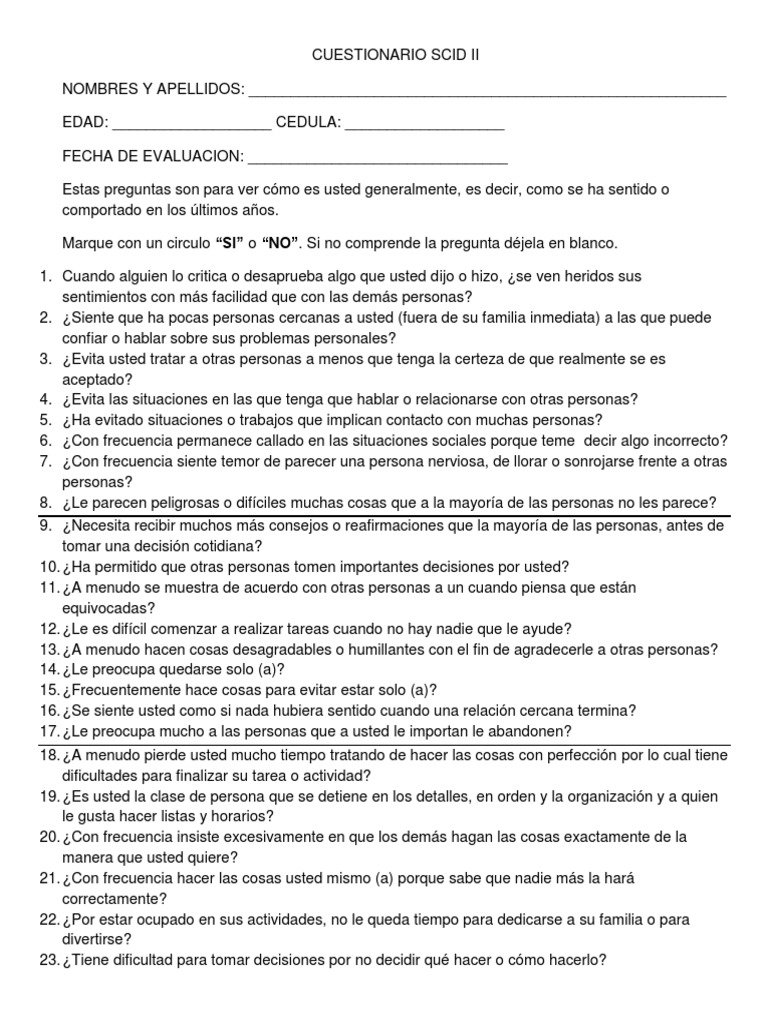 Cuestionario SCID II: Evaluación Psicológica | PDF | Sicología