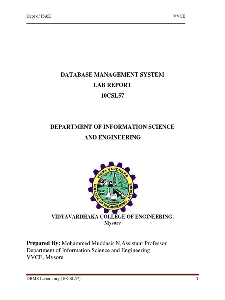 Dbms Lab Manual 10csl57 Information Science Databases