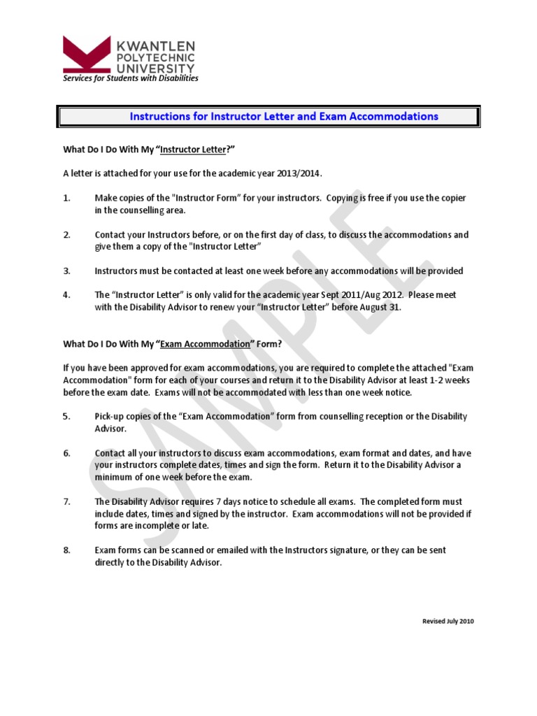 Instructions For Instructor Letter and Exam Accommodations: What Do I ...