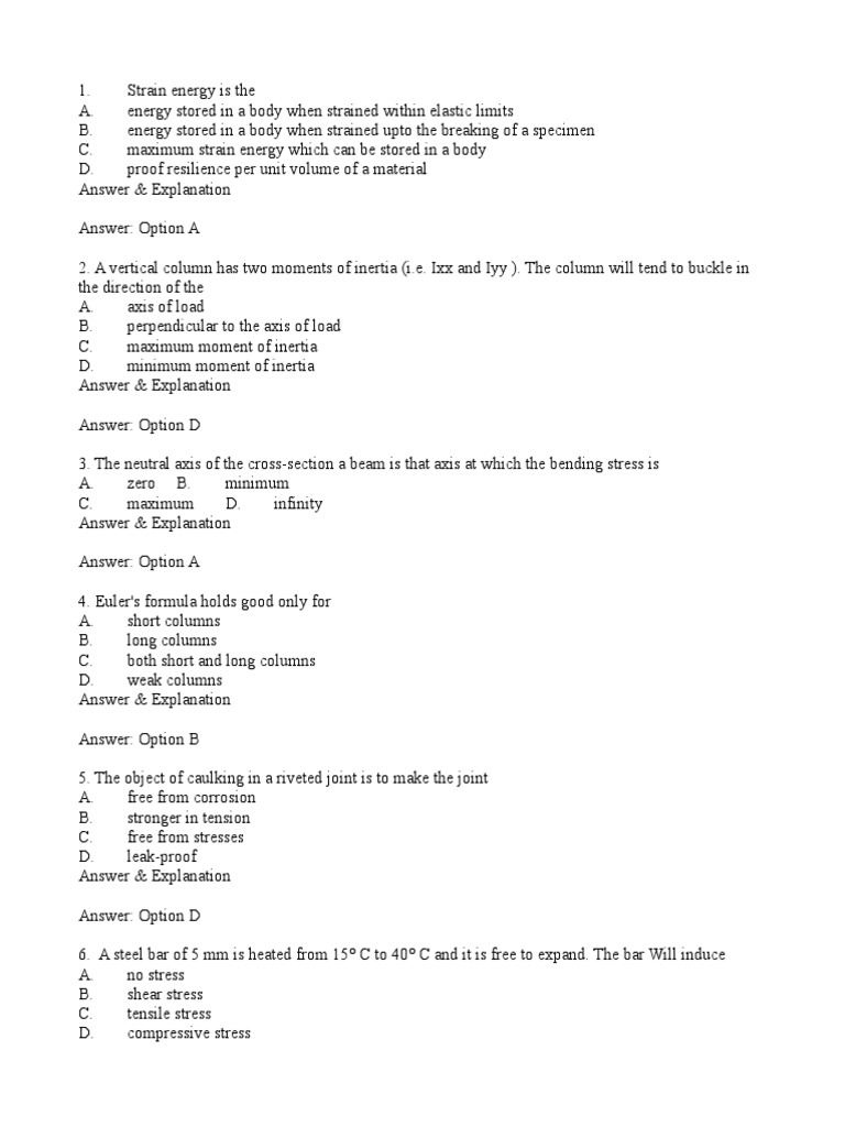 Strength of Materials MCQs with Answers | PDF | Stress (Mechanics ...