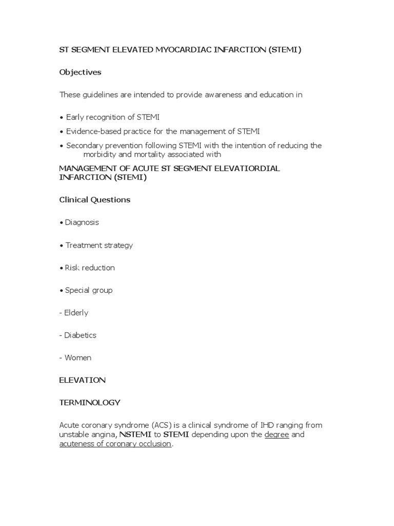 ST Segment Elevated Myocardiac Infarction (Stemi) Objectives | PDF