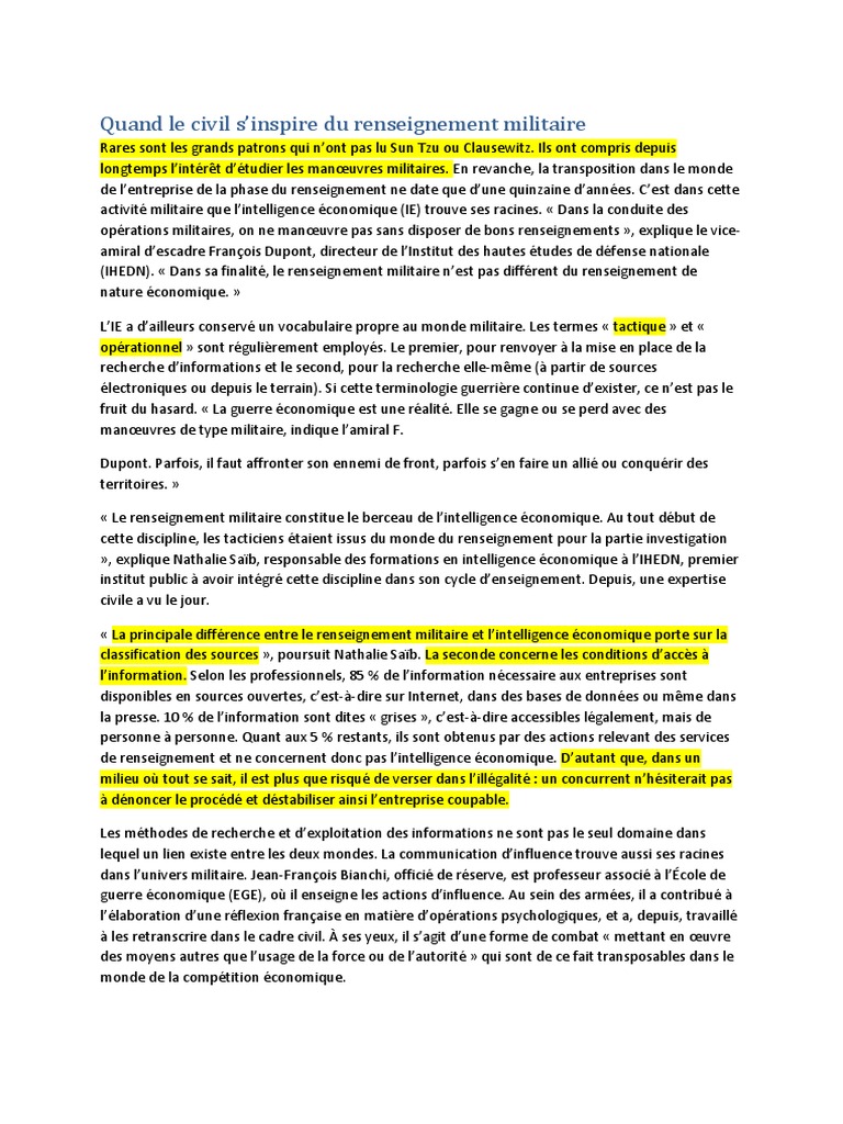 Renseignement militaire et entreprises | PDF | Renseignement | Informations