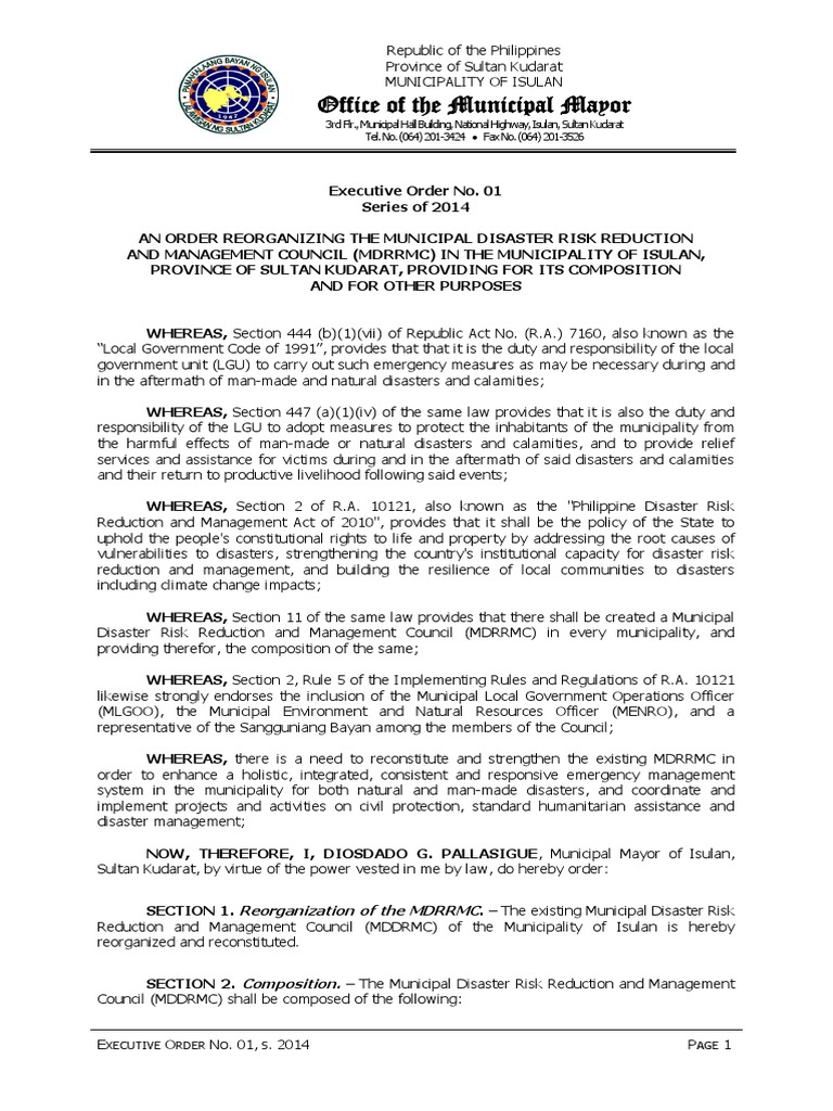 Executive Order the MDRRMC Disaster Risk Reduction